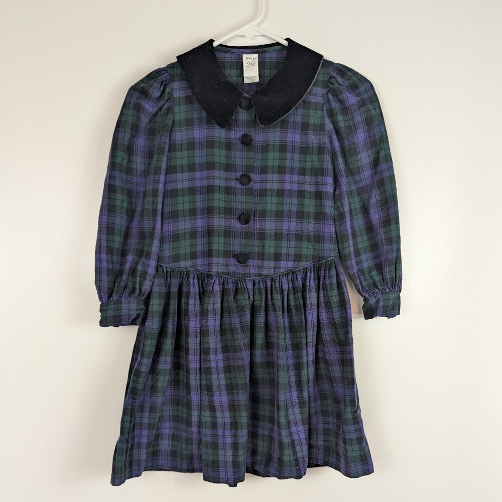 Vtg Lands End Plaid Christmas Holiday Dress Velvet Collar Green Purple Girls 7